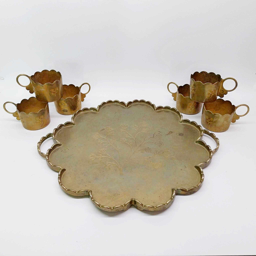 Antique Brass Serving Tray with 6 Cup Holders — Engraved Floral Set