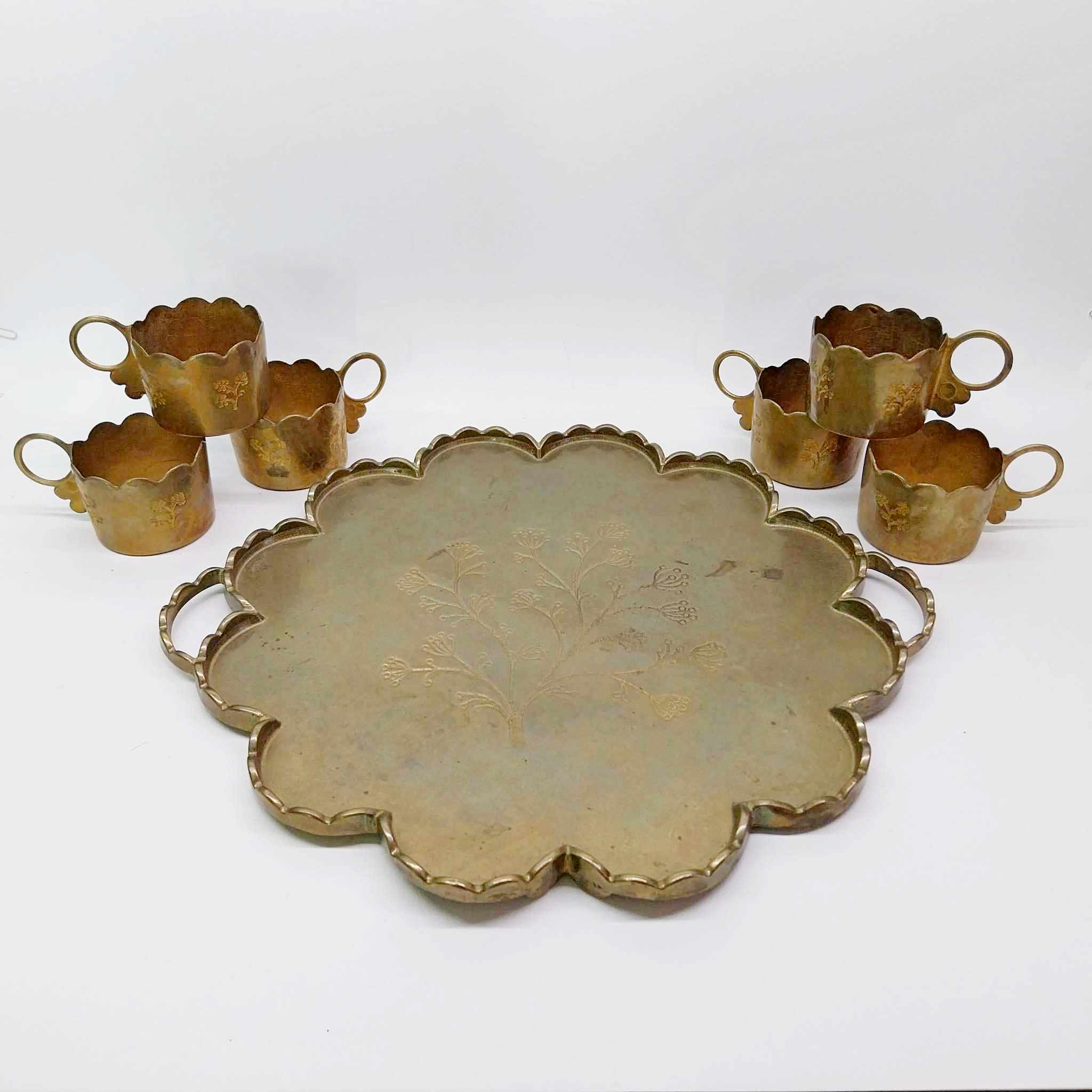 Antique Brass Serving Tray with 6 Cup Holders — Engraved Floral Set
