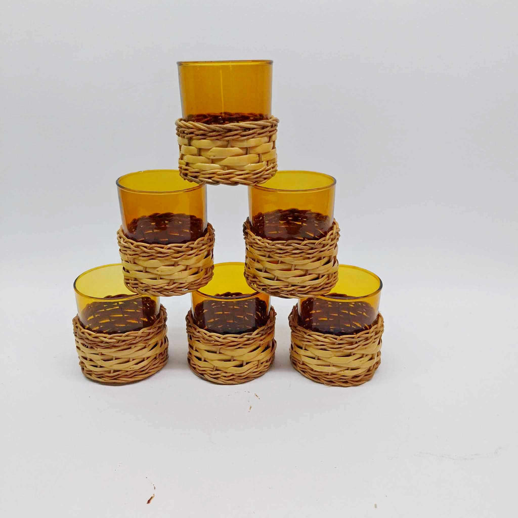 Set of 6 Vintage French Amber Glasses with Handwoven Rattan Stands