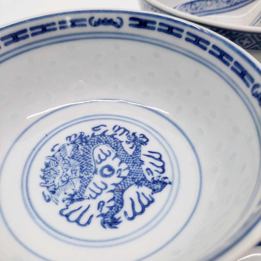 Vintage Chinese Blue & White Porcelain Set — 3 Rice Bowls with Matching Spoons, Dragon Motif