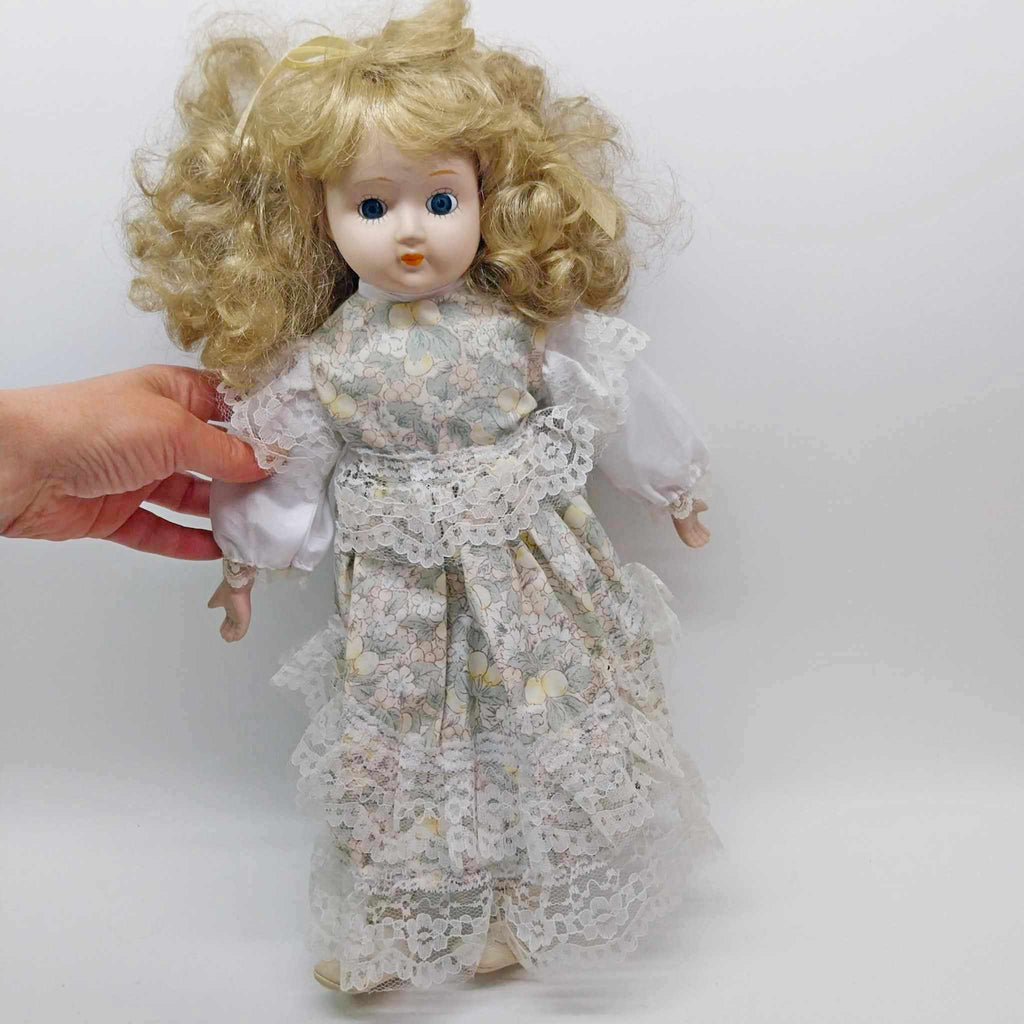 Vintage Porcelain Doll — Curly Blonde Hair, Lace Floral Dress, 1980s