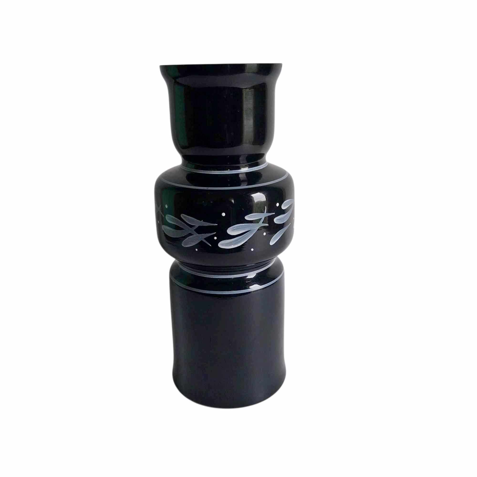 Vintage Bulgarian black glass vase with hand-painted silver leaf motifs, 1970s