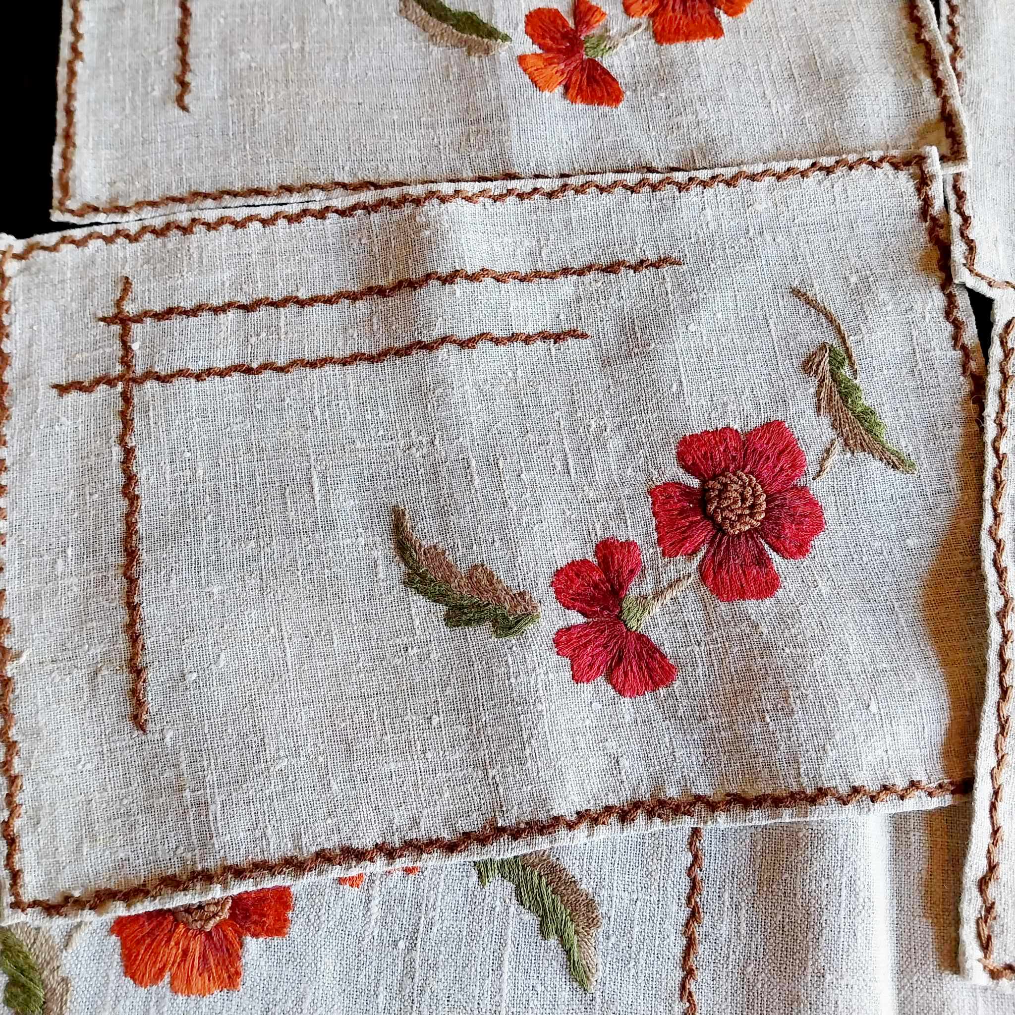 Handmade Embroidered Linen Placemats — Set of 7, Floral, Vintage