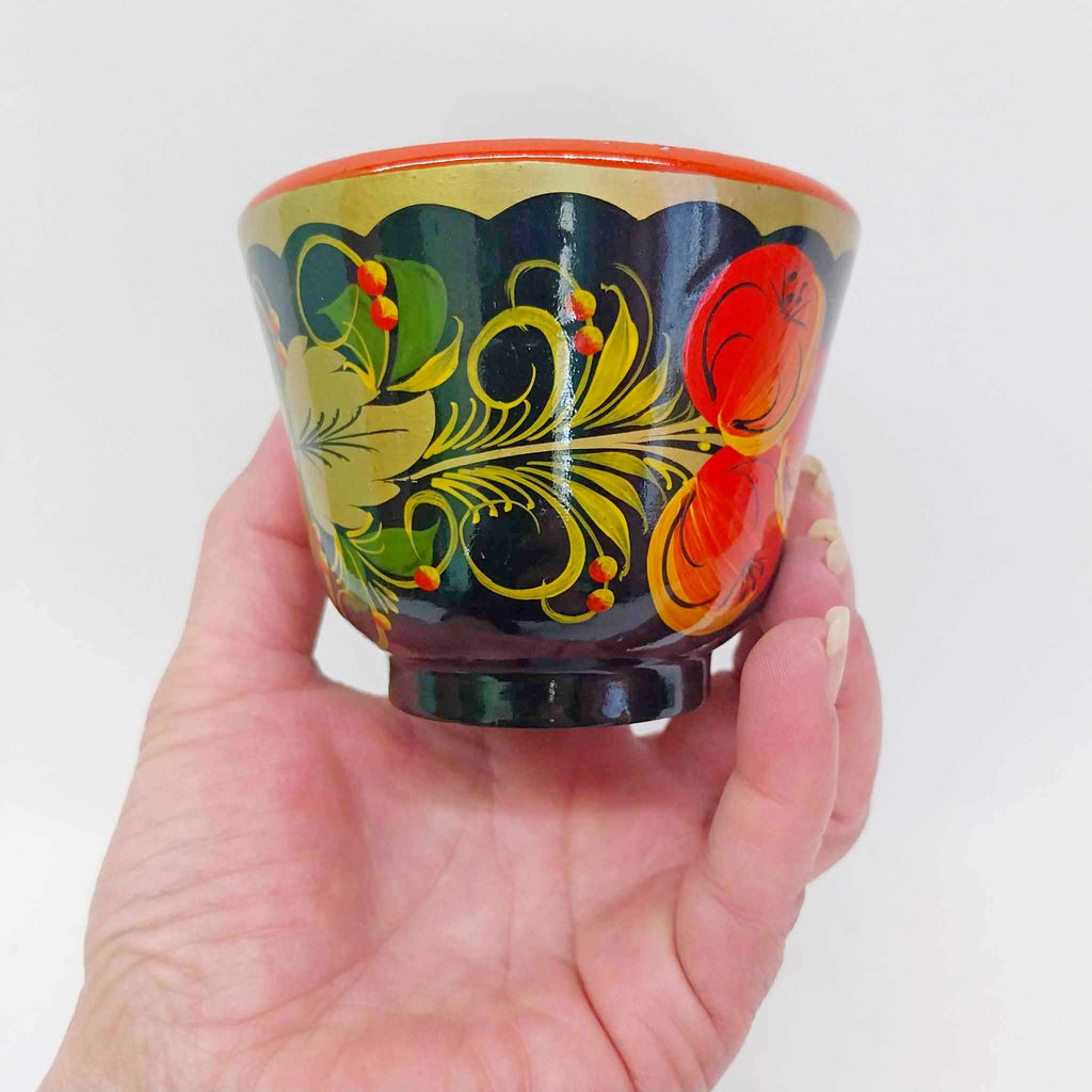 Vintage Russian Khokhloma Wooden Cup — Hand-Painted Lacquerware