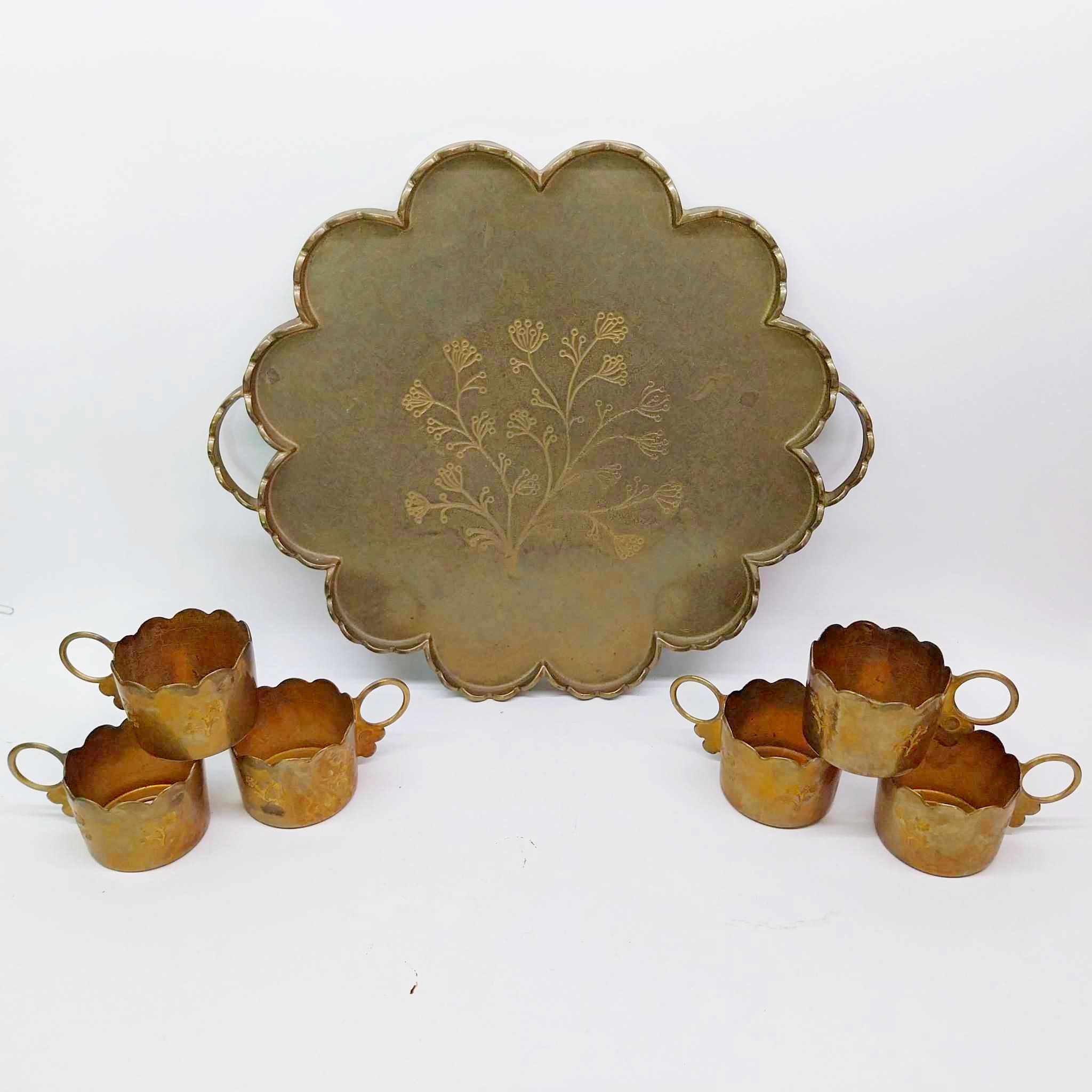 Antique Brass Serving Tray with 6 Cup Holders — Engraved Floral Set