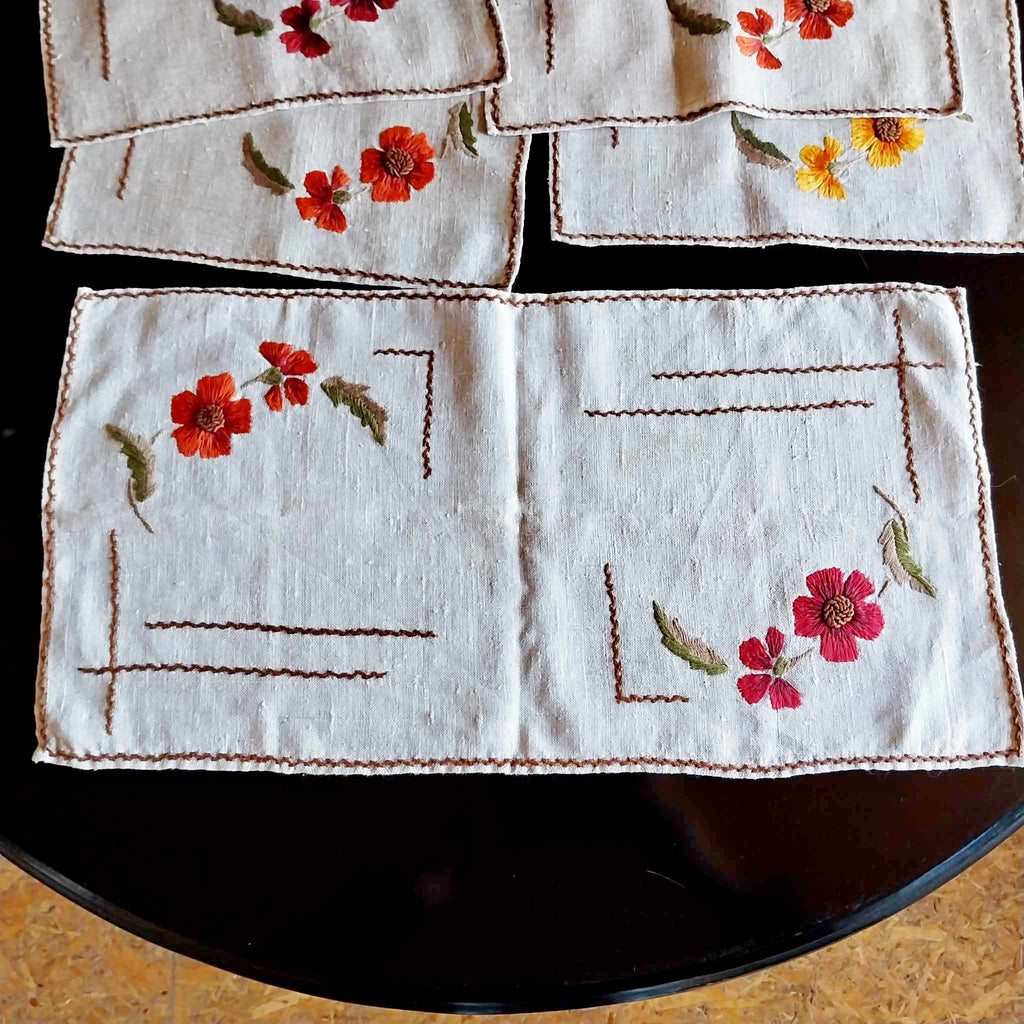 Handmade Embroidered Linen Placemats — Set of 7, Floral, Vintage