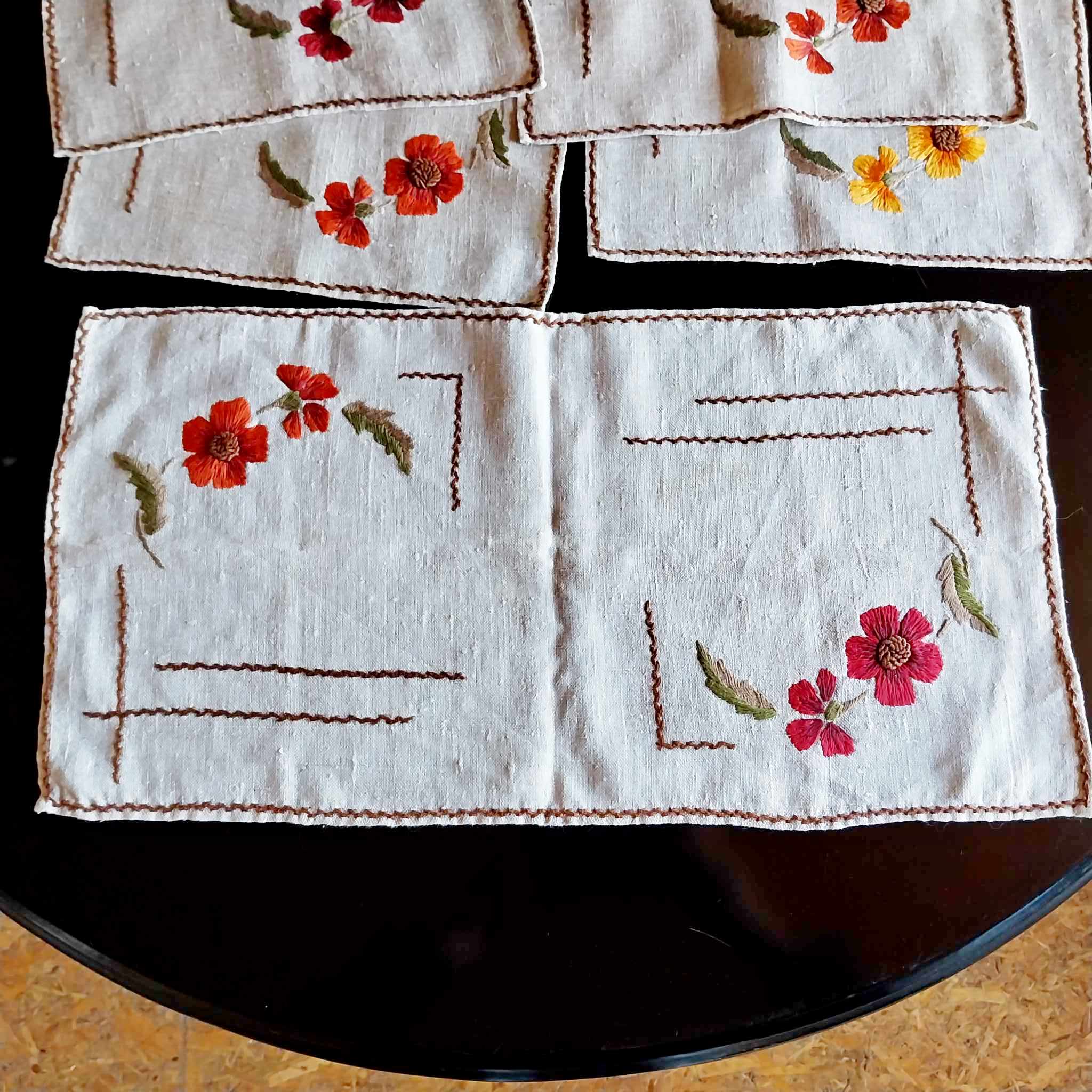 Handmade Embroidered Linen Placemats — Set of 7, Floral, Vintage