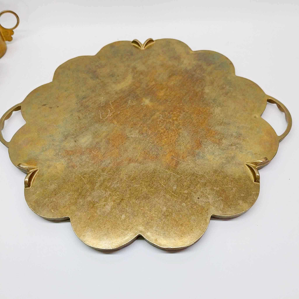 Antique Brass Serving Tray with 6 Cup Holders — Engraved Floral Set