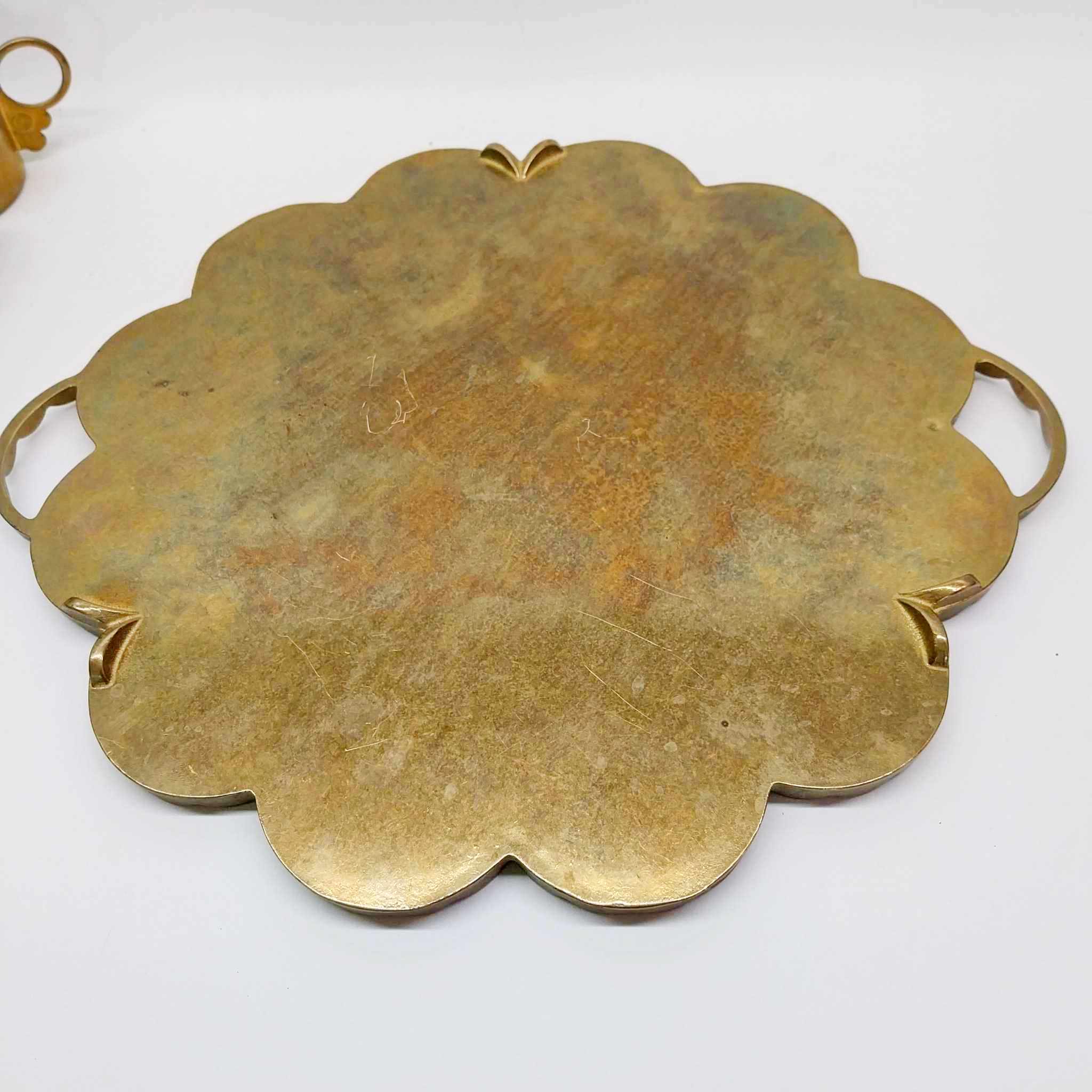 Antique Brass Serving Tray with 6 Cup Holders — Engraved Floral Set
