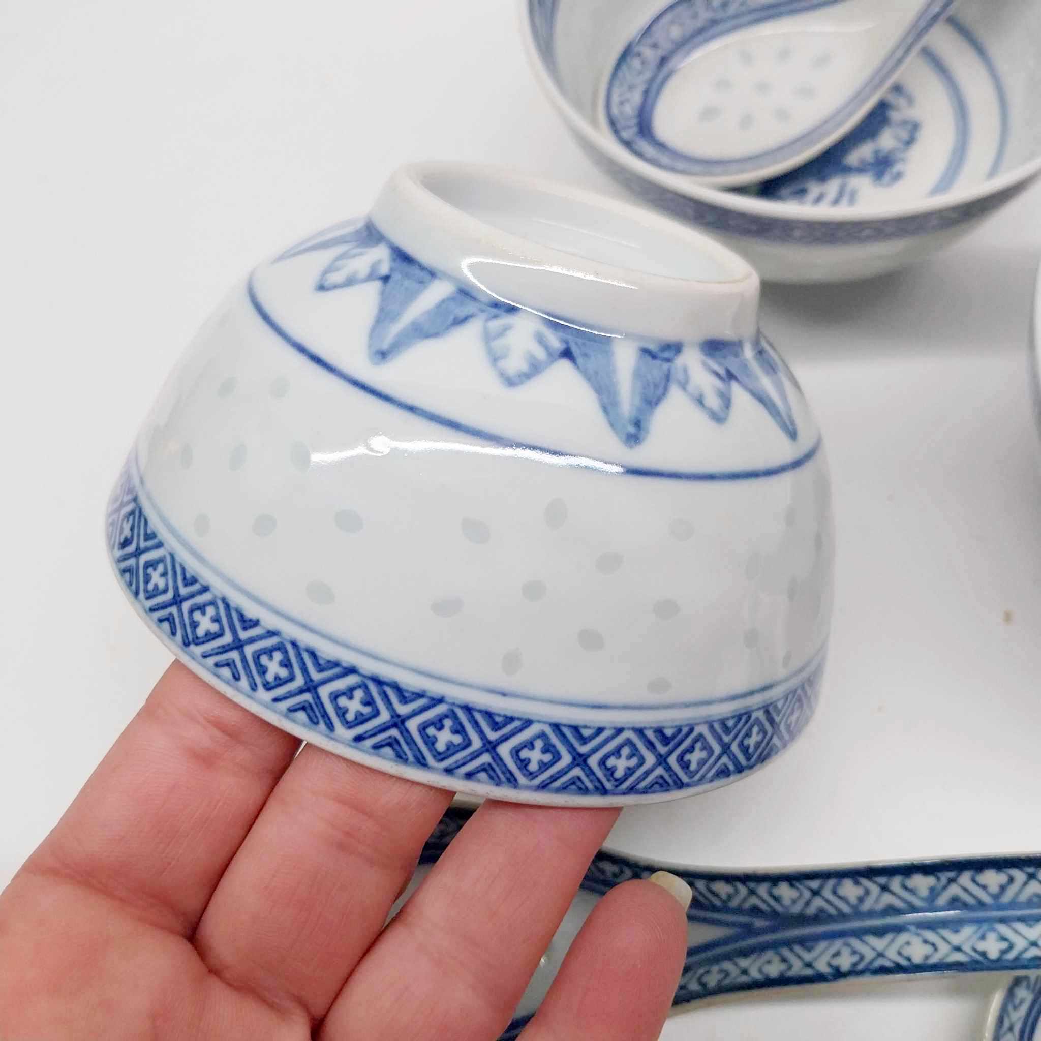 Vintage Chinese Blue & White Porcelain Set — 3 Rice Bowls with Matching Spoons, Dragon Motif