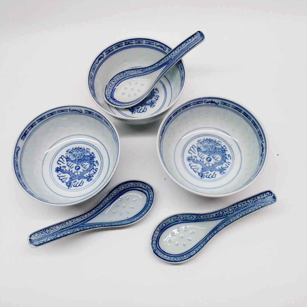 Vintage Chinese Blue & White Porcelain Set — 3 Rice Bowls with Matching Spoons, Dragon Motif
