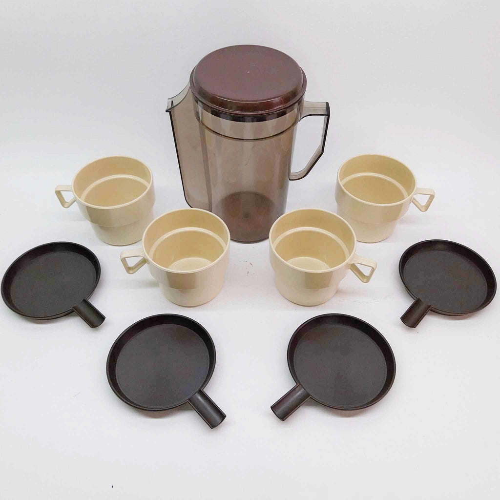 Vintage 1970s Travel Coffee Set — Pitcher, 4 Cups & 4 Saucers, Retro Plastic