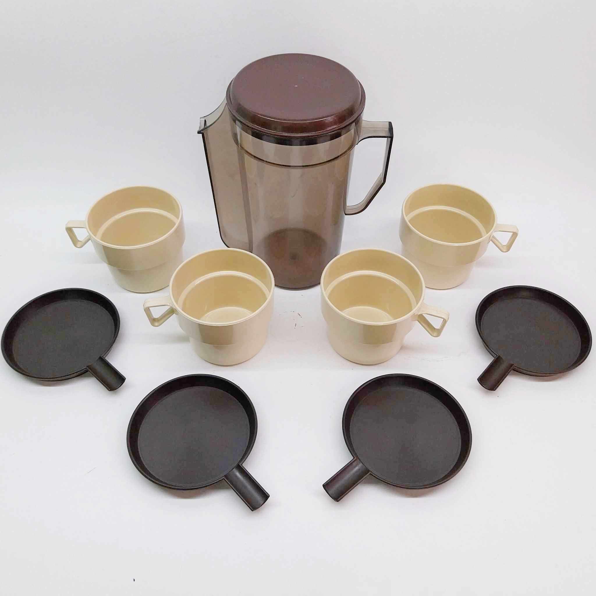 Vintage 1970s Travel Coffee Set — Pitcher, 4 Cups & 4 Saucers, Retro Plastic