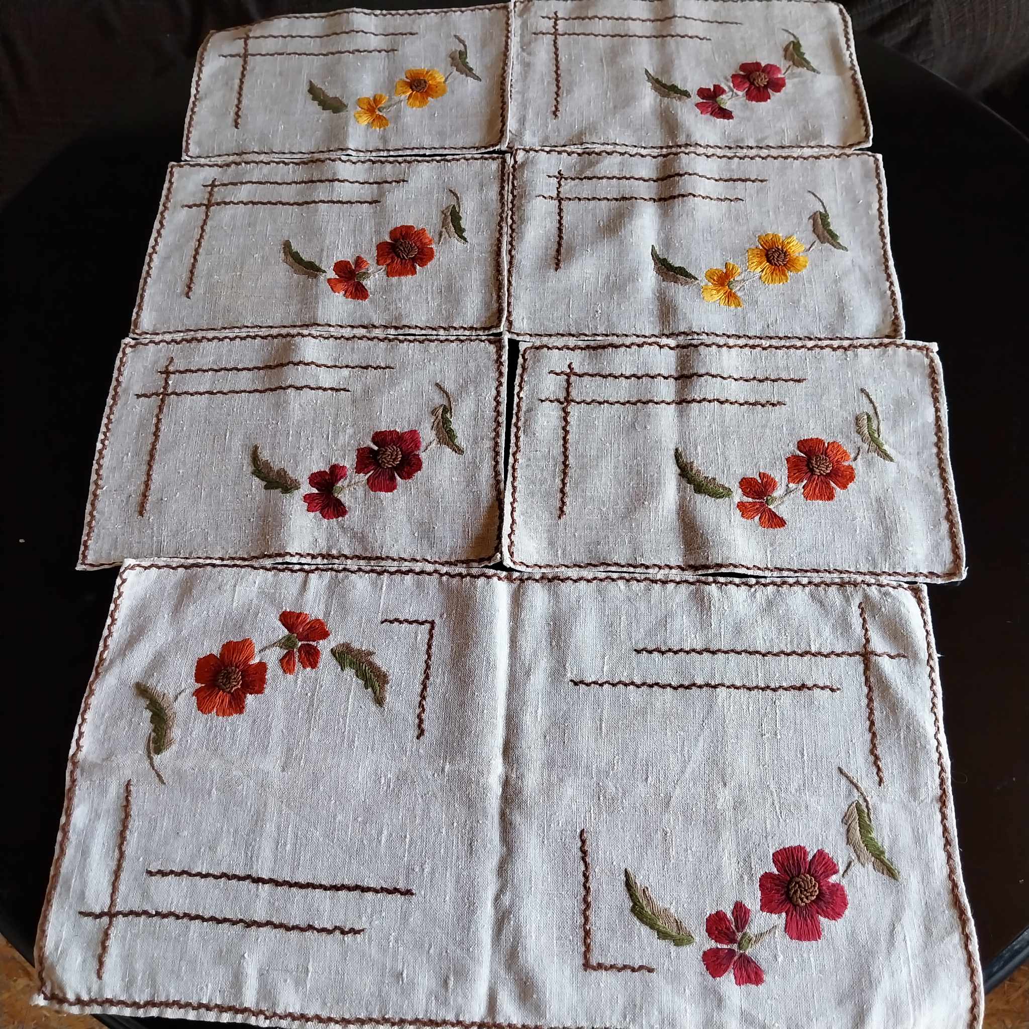 Handmade Embroidered Linen Placemats — Set of 7, Floral, Vintage