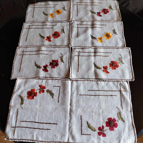 Handmade Embroidered Linen Placemats — Set of 7, Floral, Vintage