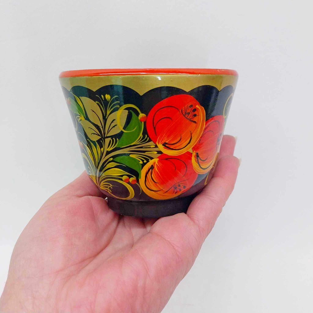 Vintage Russian Khokhloma hand-painted wooden bowl with red poppies and gold foliage on black lacquer ground
