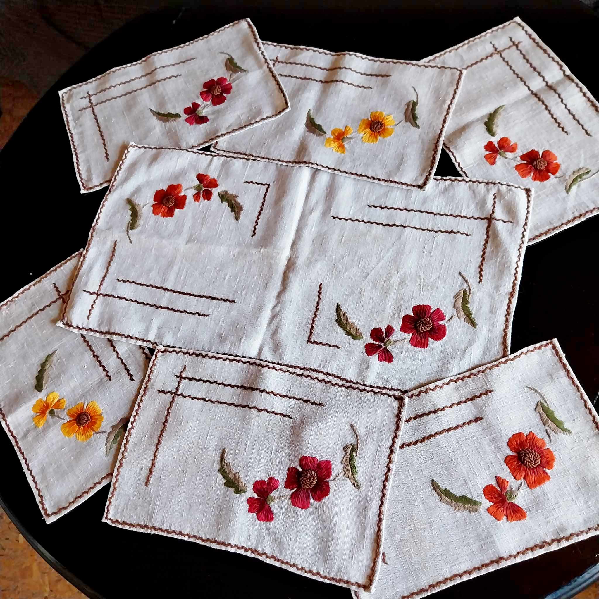 Handmade Embroidered Linen Placemats — Set of 7, Floral, Vintage