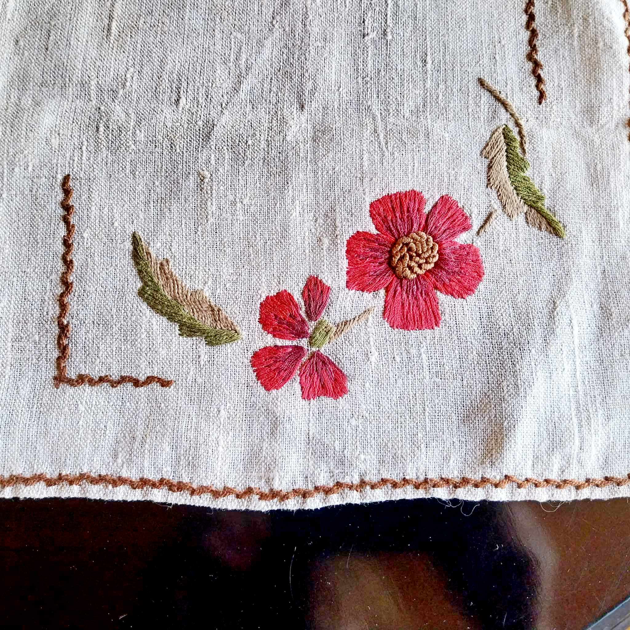 Handmade Embroidered Linen Placemats — Set of 7, Floral, Vintage