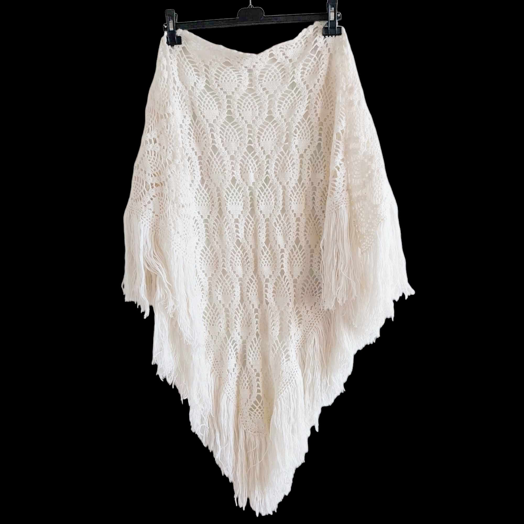 Vintage 1970s Handmade Crochet Shawl — White with long Fringe