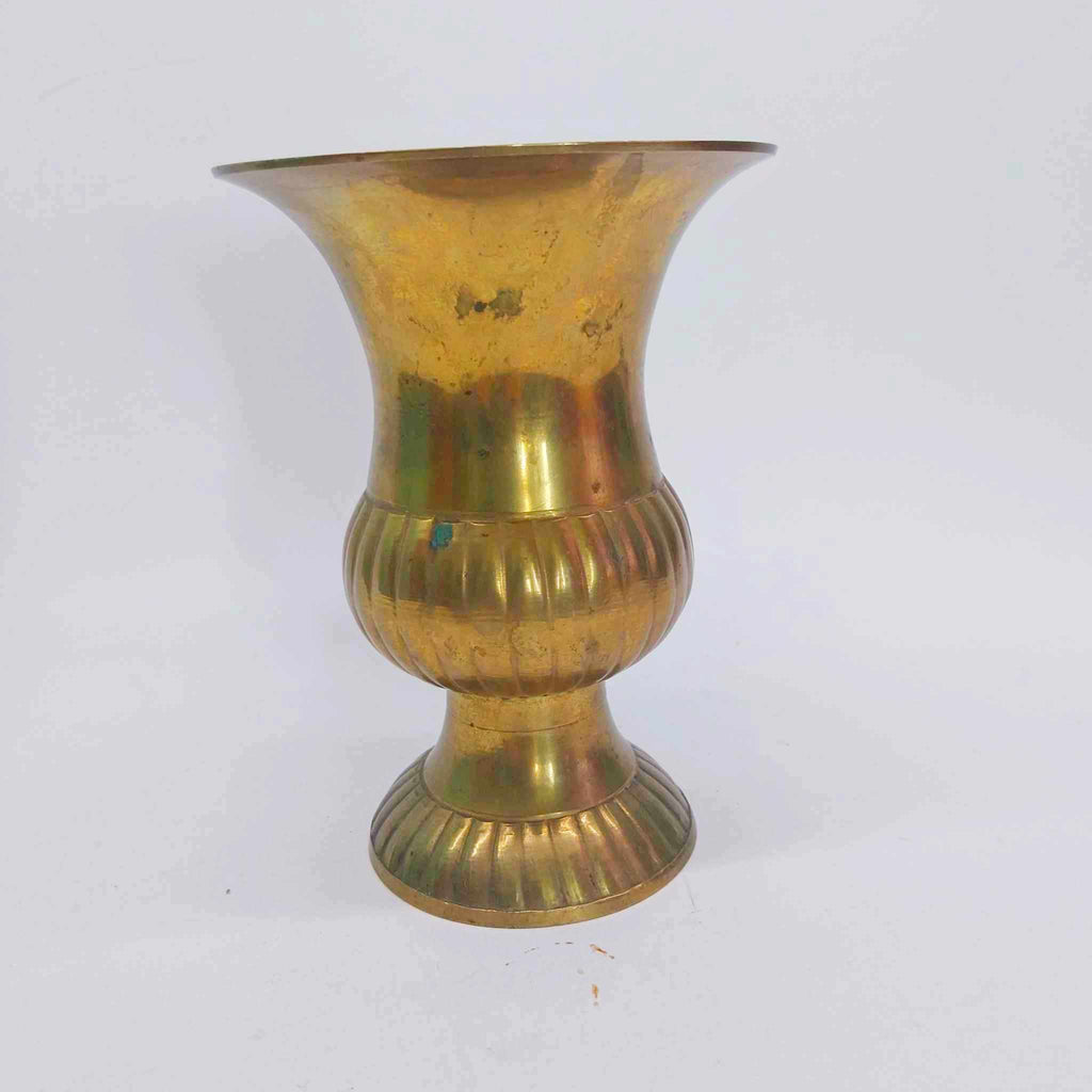Antique Brass Vase — Ribbed Spiral Relief, Trumpet Neck