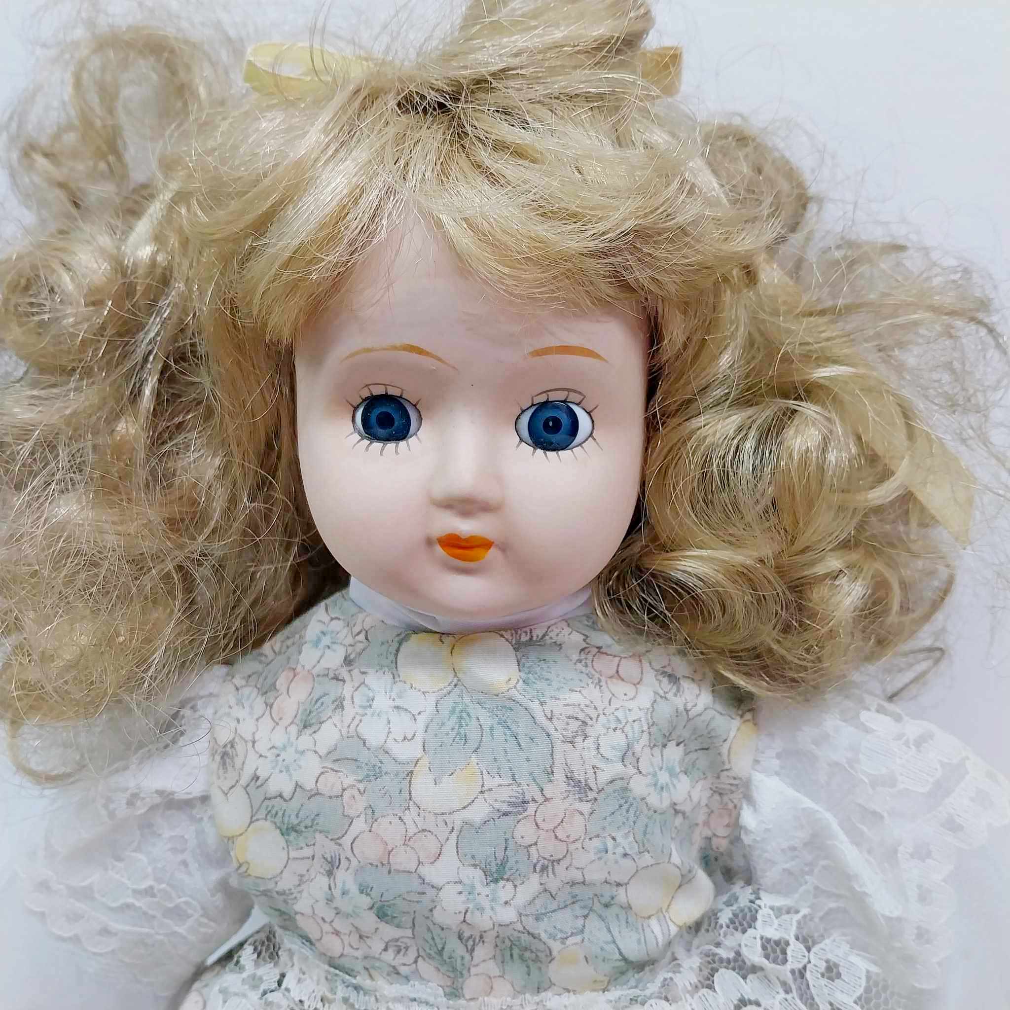 Vintage Porcelain Doll — Curly Blonde Hair, Lace Floral Dress, 1980s