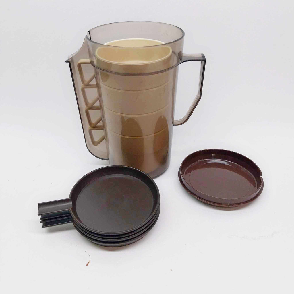 Vintage 1970s Travel Coffee Set — Pitcher, 4 Cups & 4 Saucers, Retro Plastic