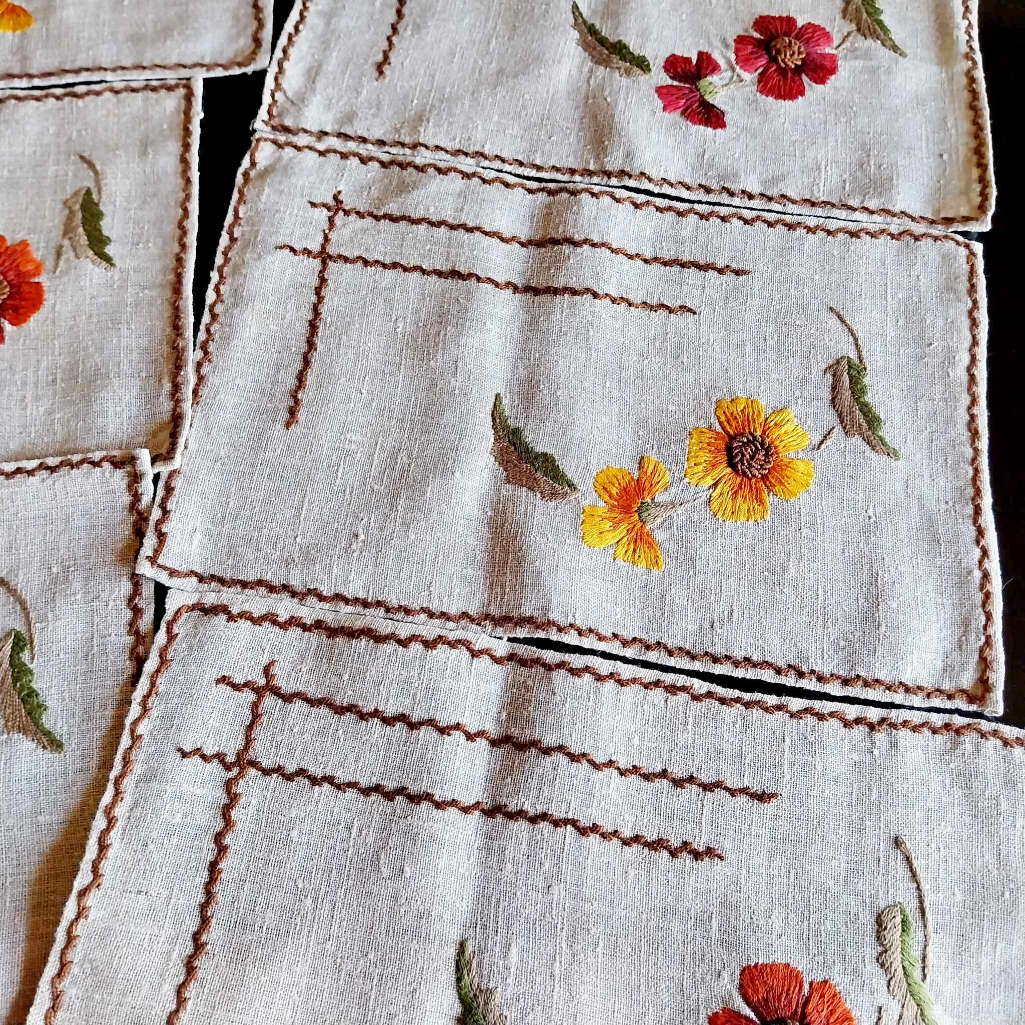 Handmade Embroidered Linen Placemats — Set of 7, Floral, Vintage