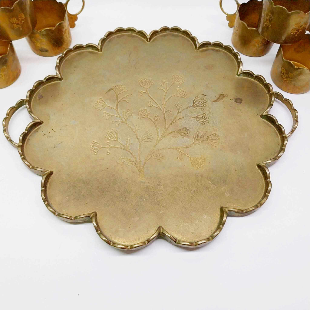 Antique Brass Serving Tray with 6 Cup Holders — Engraved Floral Set