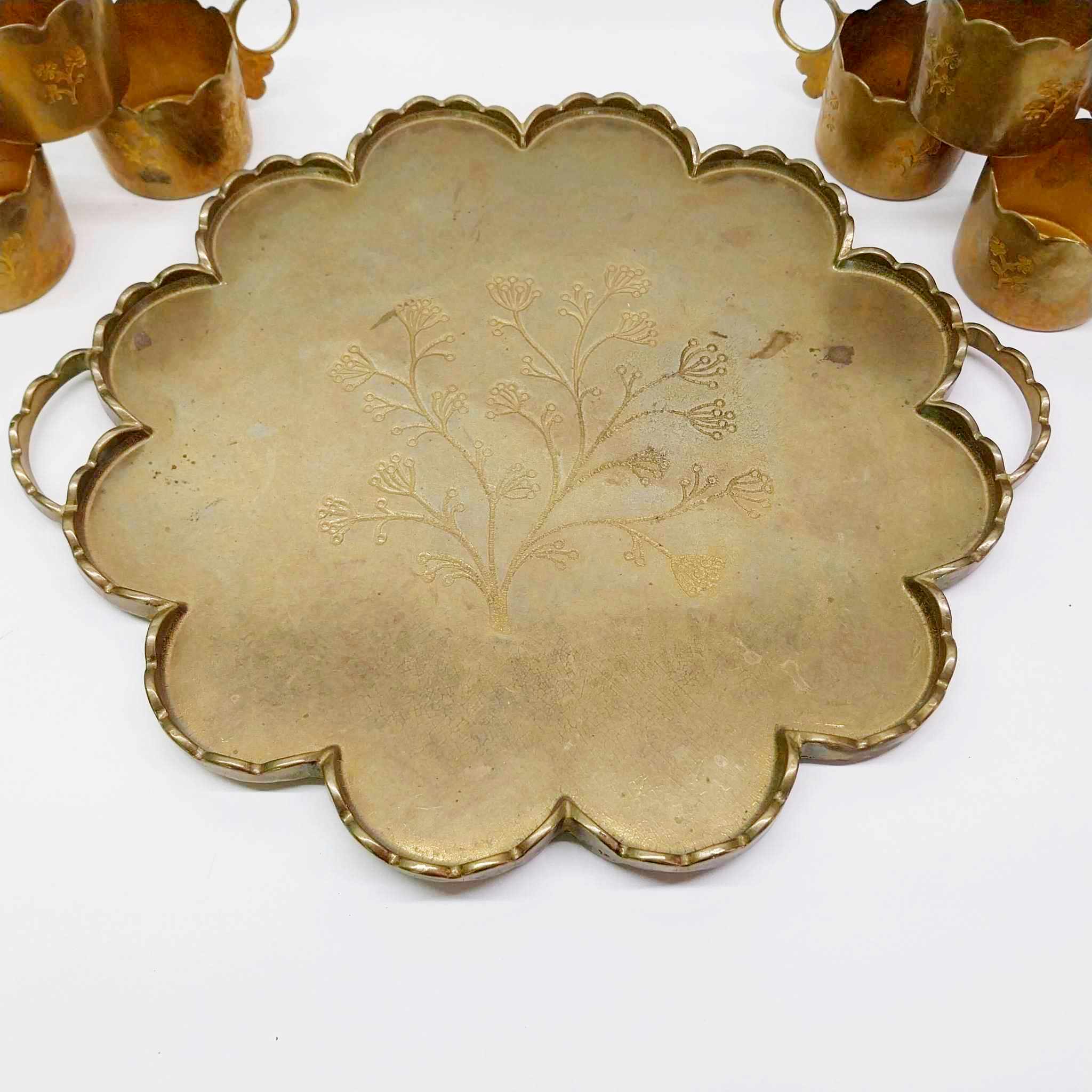Antique Brass Serving Tray with 6 Cup Holders — Engraved Floral Set