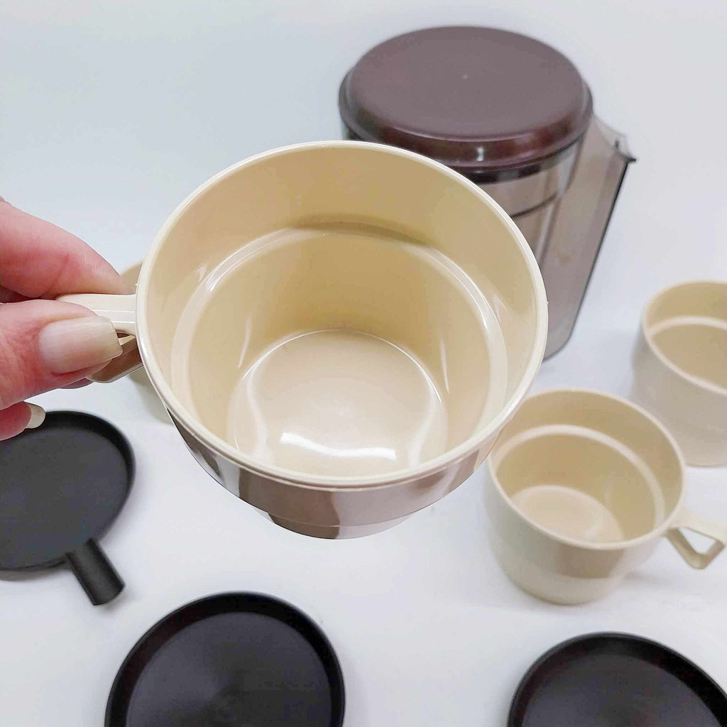 Vintage 1970s Travel Coffee Set — Pitcher, 4 Cups & 4 Saucers, Retro Plastic