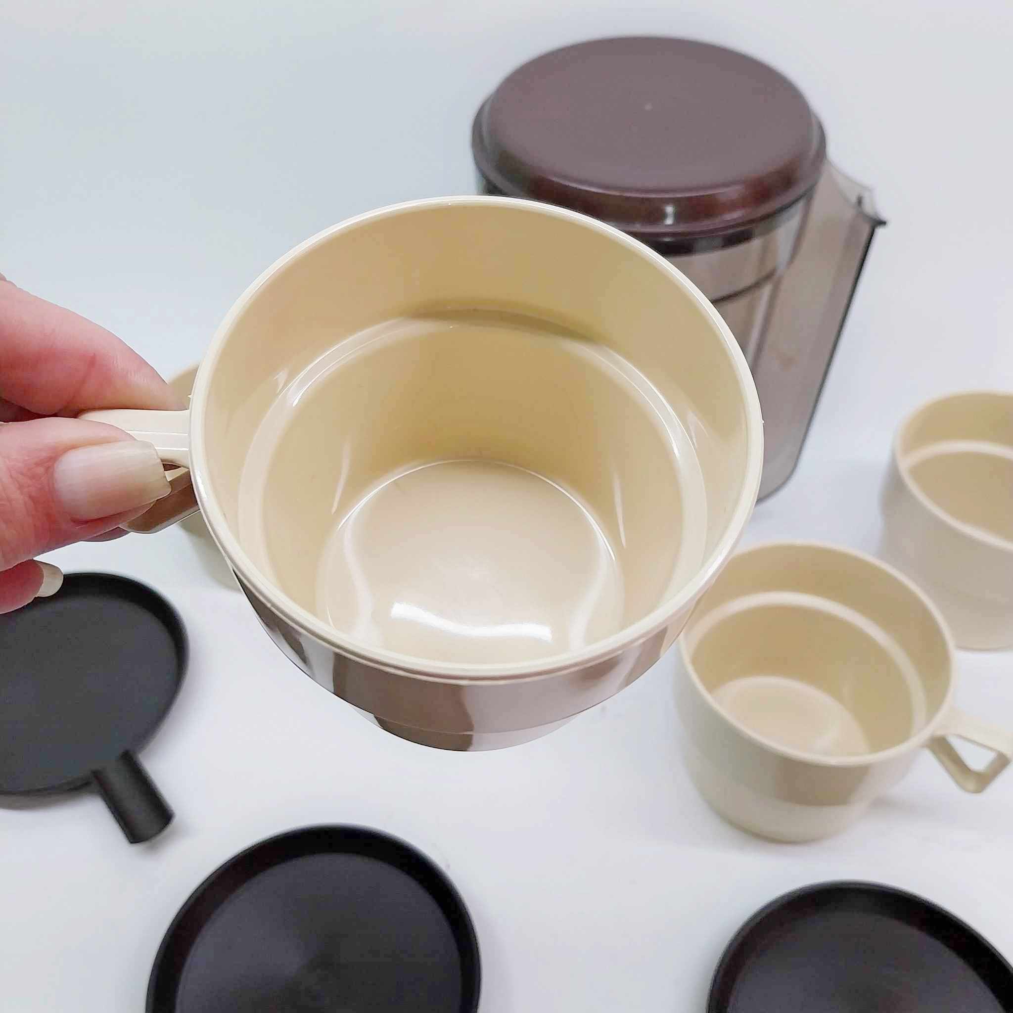 Vintage 1970s Travel Coffee Set — Pitcher, 4 Cups & 4 Saucers, Retro Plastic