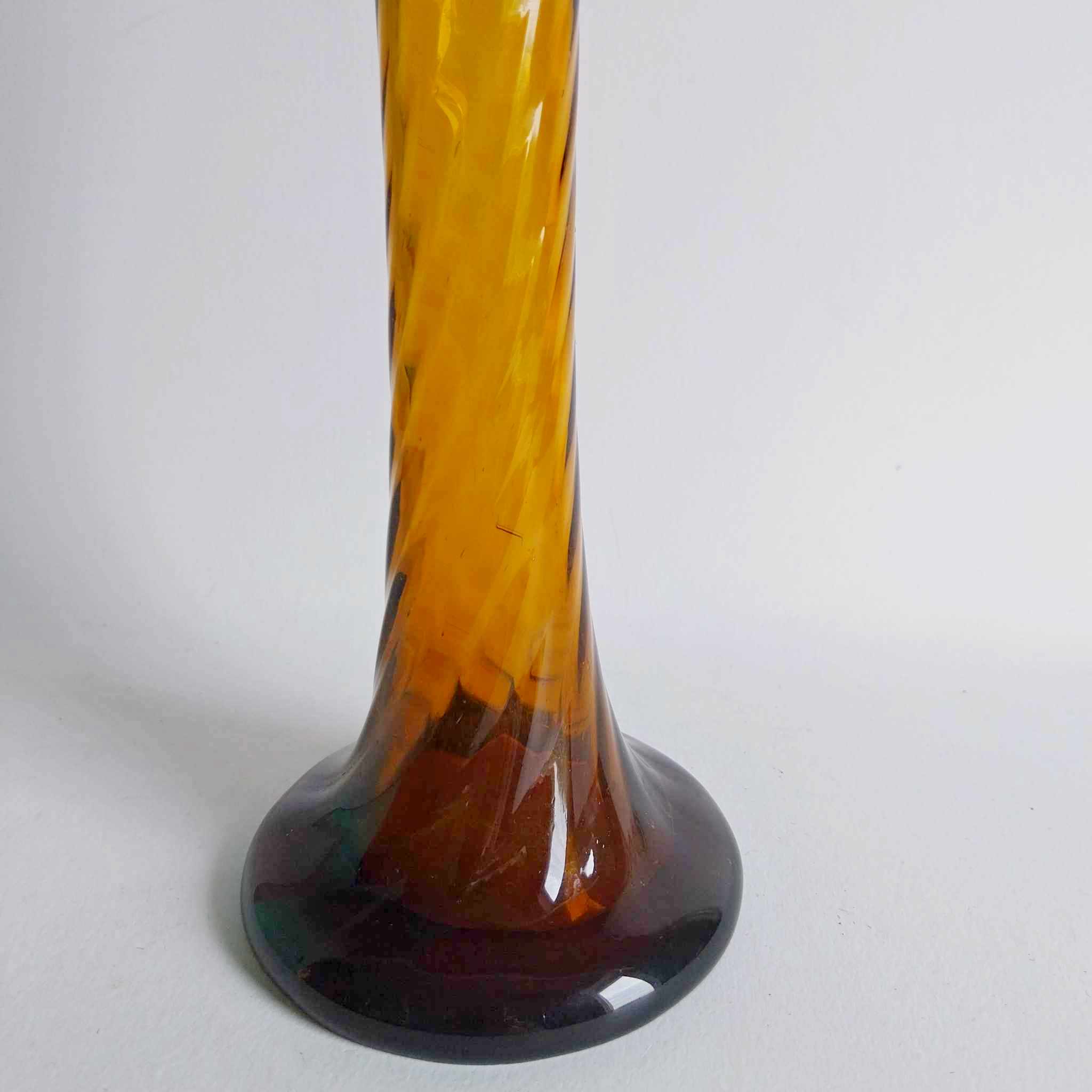 Vintage Amber Glass Bud Vase — Twisted Spiral, Round Base