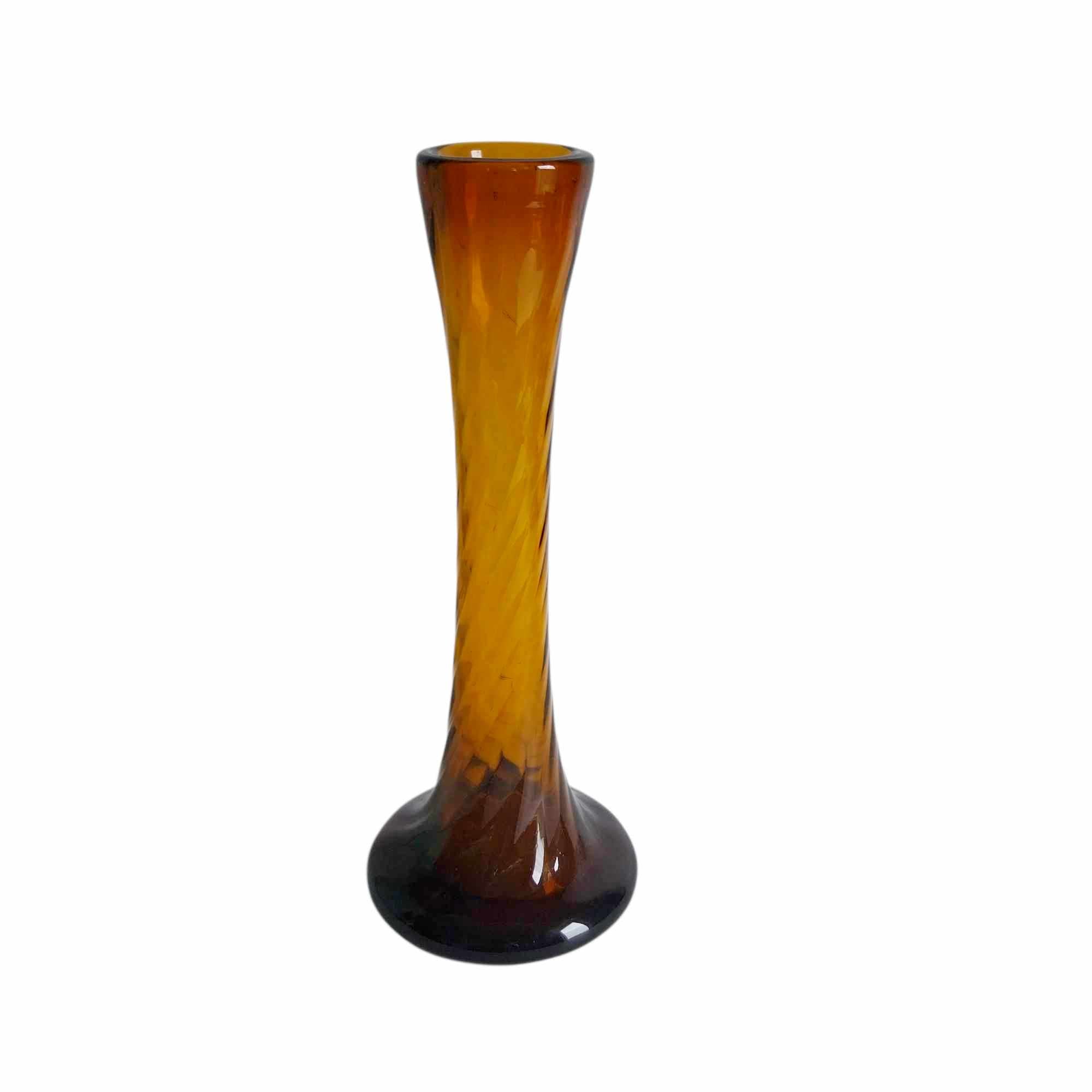 Vintage Amber Glass Bud Vase — Twisted Spiral, Round Base