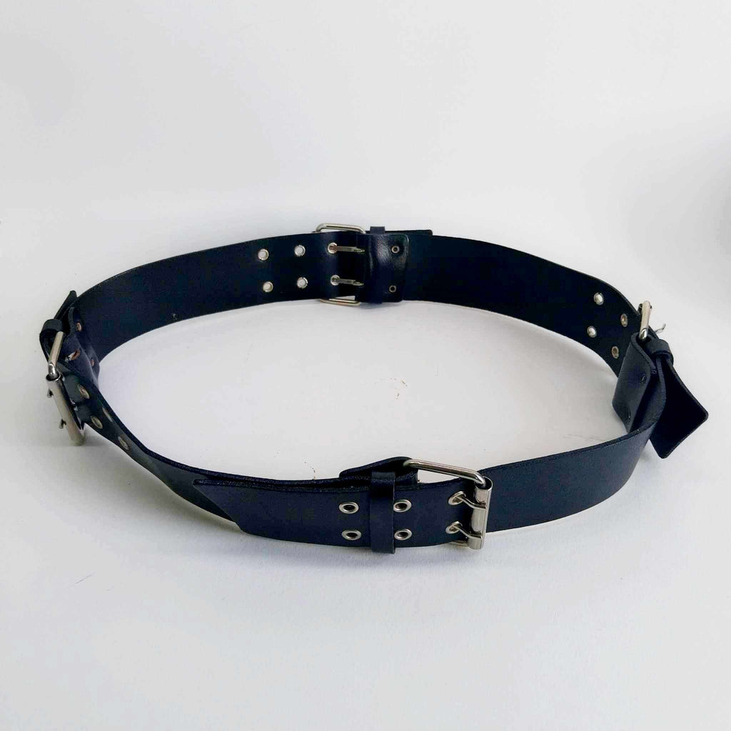 Vintage Black Leather Belt with 4 Double Buckles & Eyelets