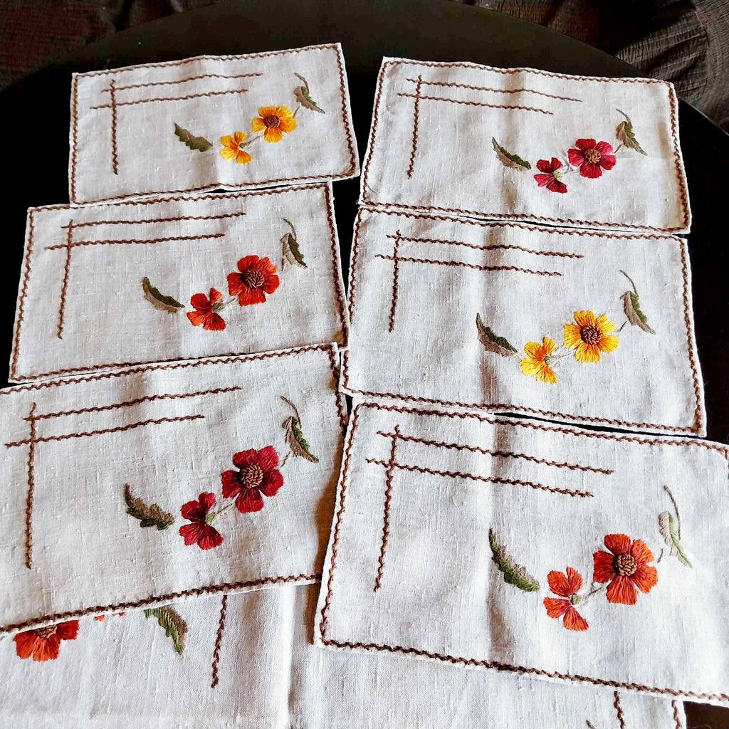 Handmade Embroidered Linen Placemats — Set of 7, Floral, Vintage