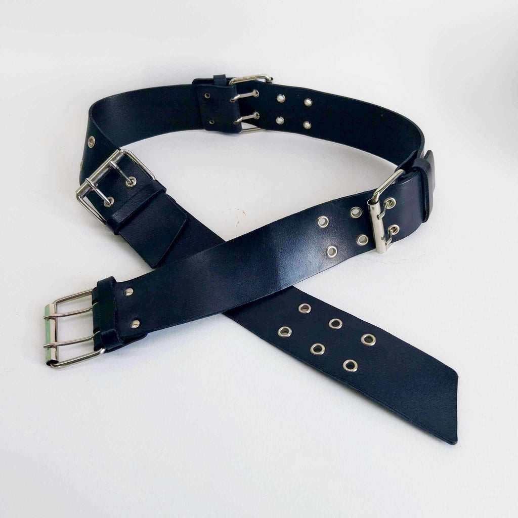 Vintage Black Leather Belt with 4 Double Buckles & Eyelets