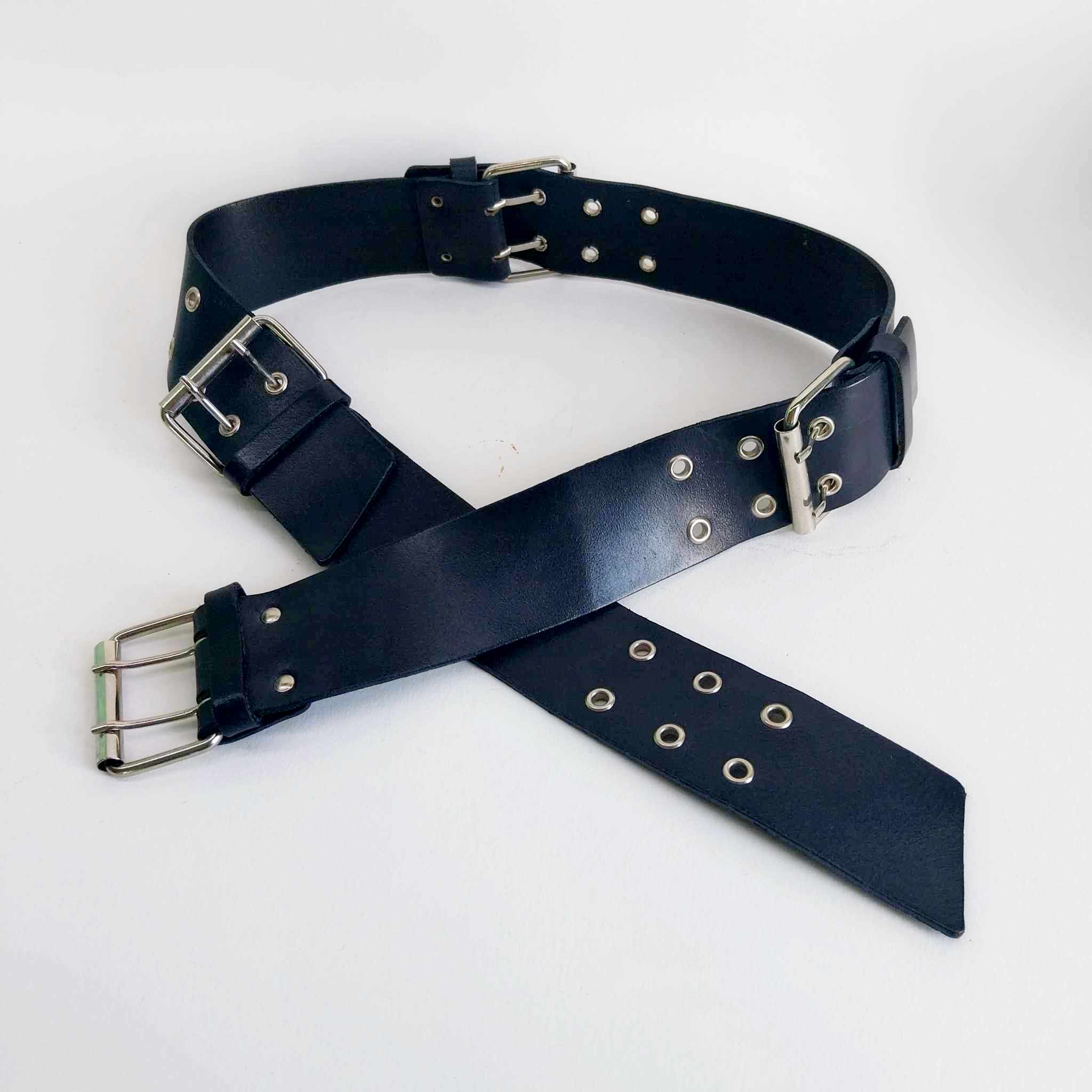 Vintage Black Leather Belt with 4 Double Buckles & Eyelets