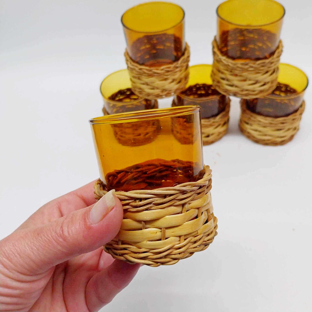 Set of 6 Vintage French Amber Glasses with Handwoven Rattan Stands