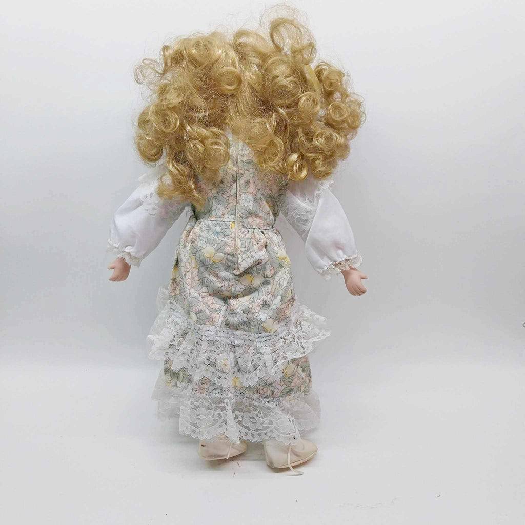 Vintage Porcelain Doll — Curly Blonde Hair, Lace Floral Dress, 1980s