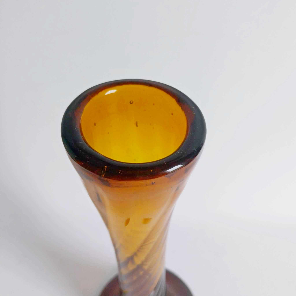 Vintage Amber Glass Bud Vase — Twisted Spiral, Round Base