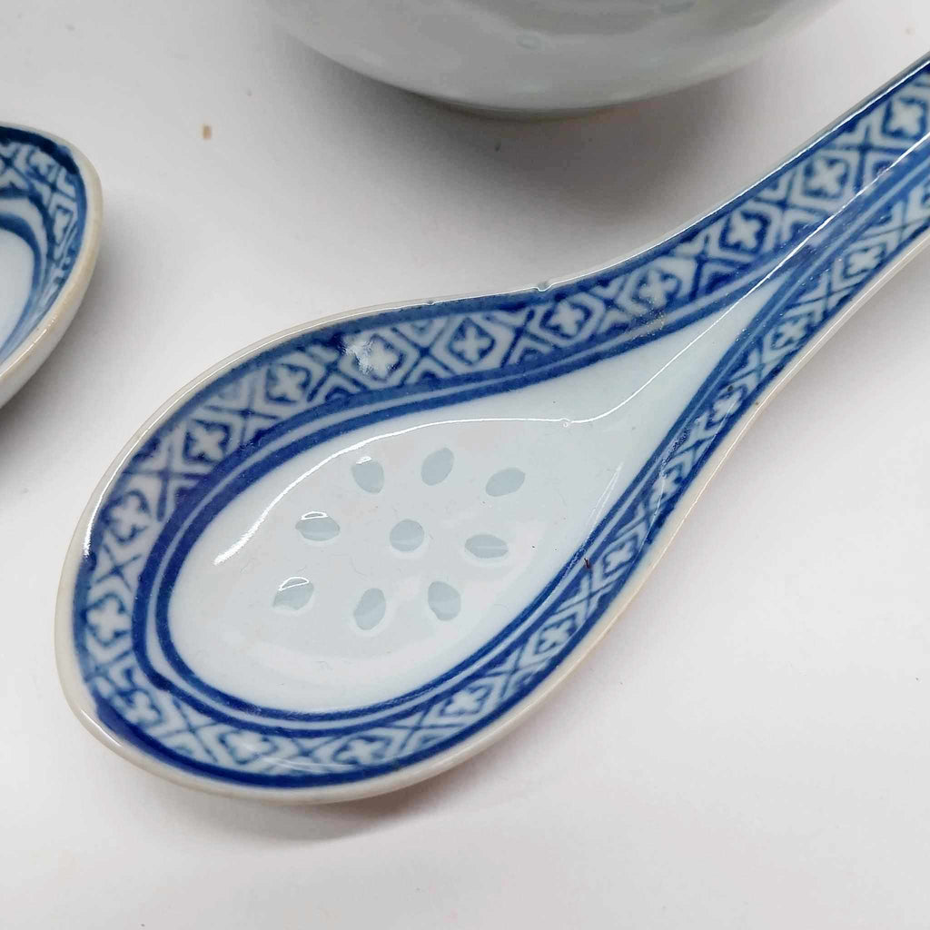 Vintage Chinese Blue & White Porcelain Set — 3 Rice Bowls with Matching Spoons, Dragon Motif