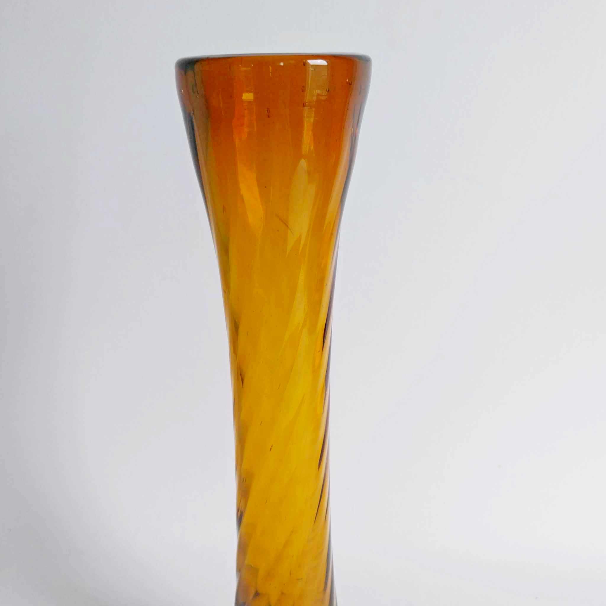 Vintage Amber Glass Bud Vase — Twisted Spiral, Round Base