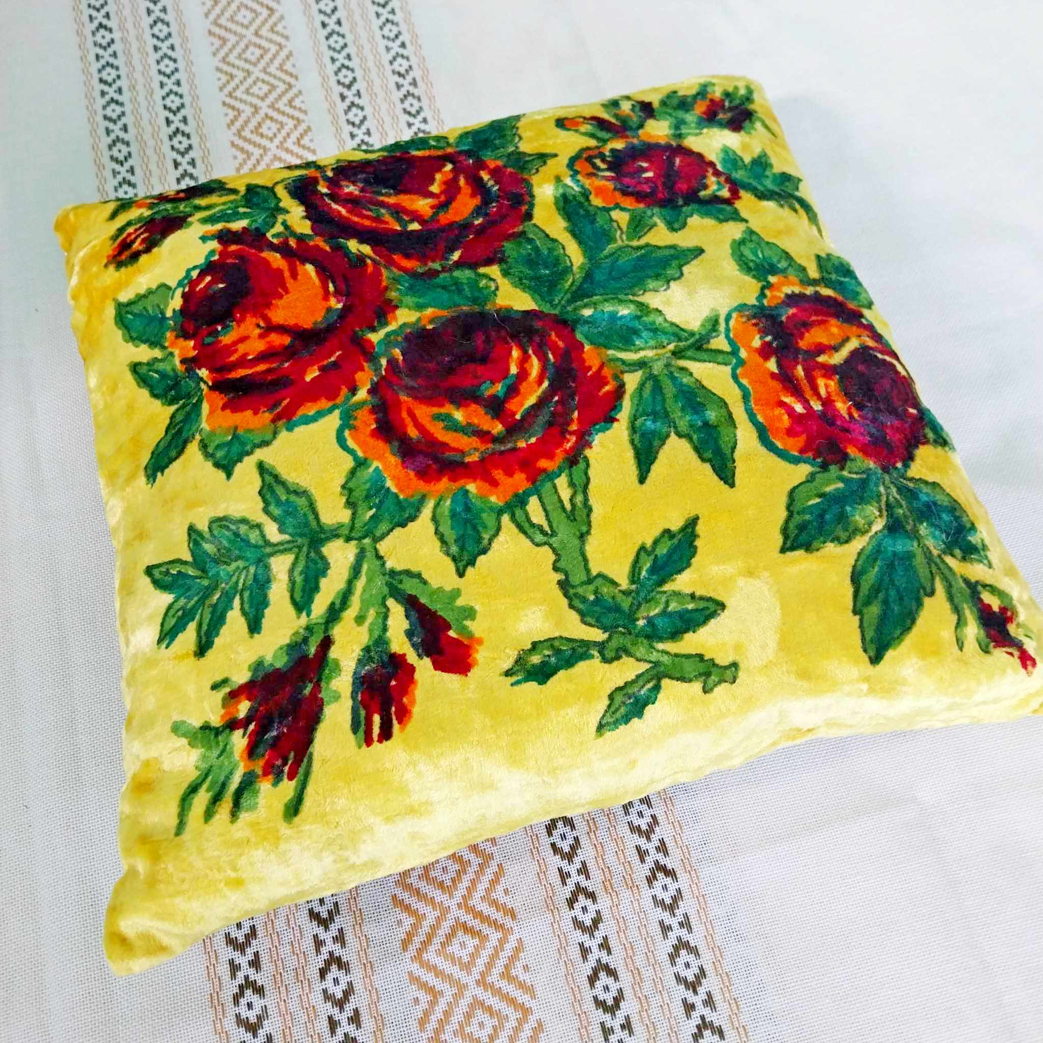 Vintage Russian Velvet Cushion Cover — Hand-Painted Roses on Golden Yellow