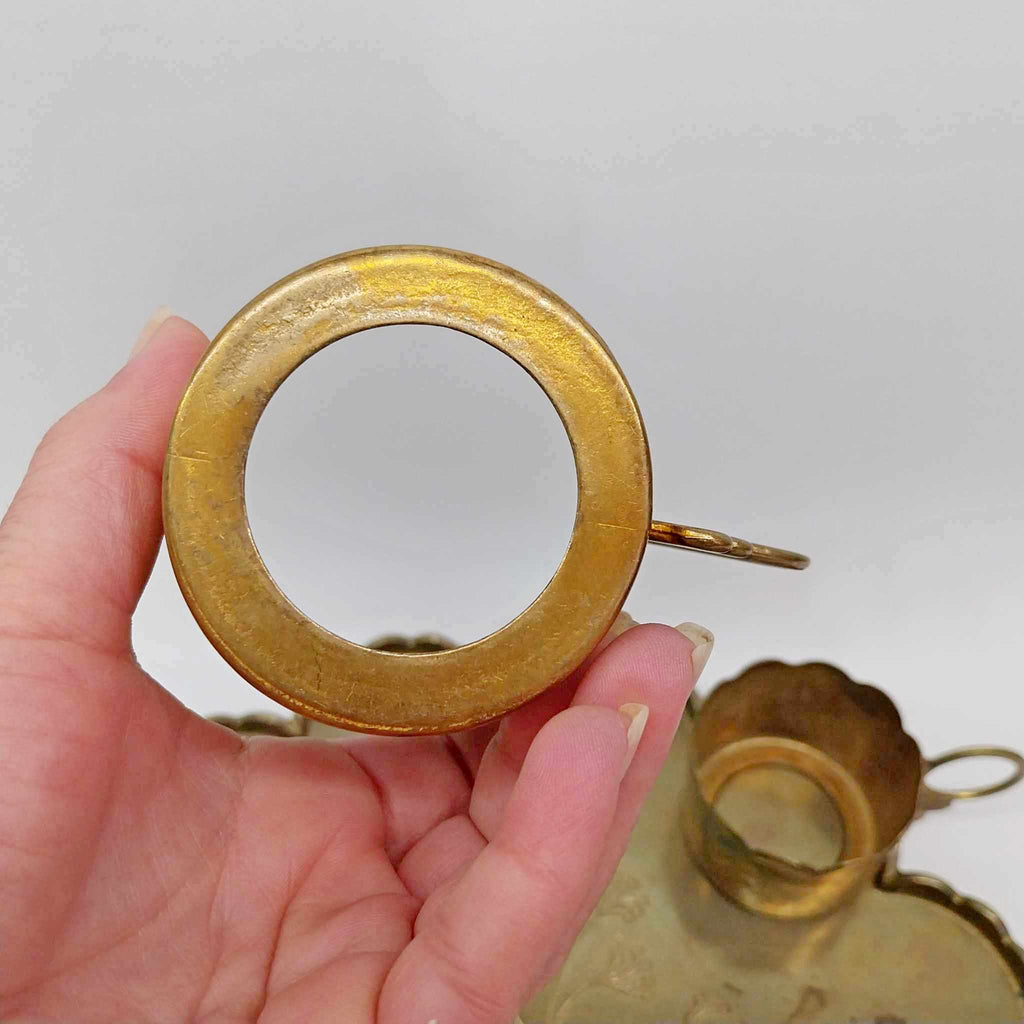 Antique Brass Serving Tray with 6 Cup Holders — Engraved Floral Set