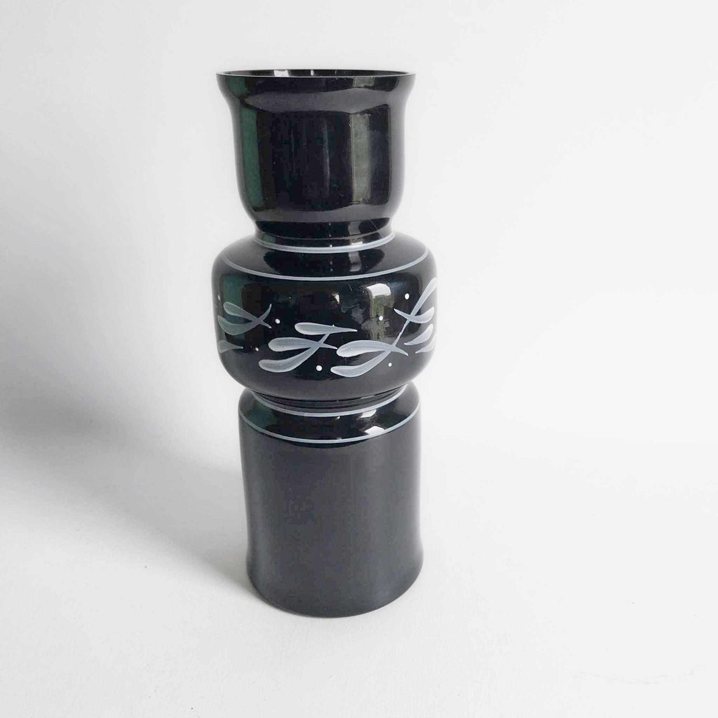 Vintage Bulgarian Black Glass Vase — Hand-Painted Silver Leaves, 1970s