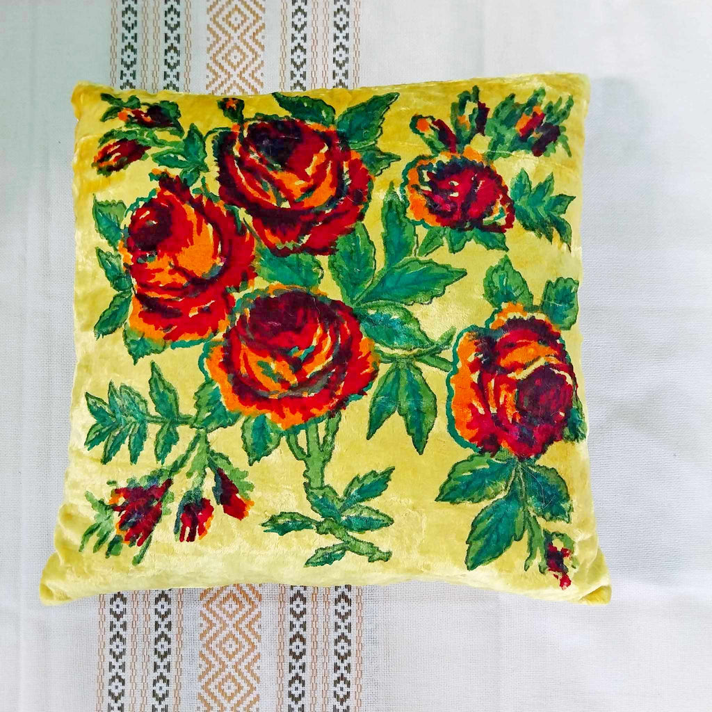 Vintage Russian Velvet Cushion Cover — Hand-Painted Roses on Golden Yellow