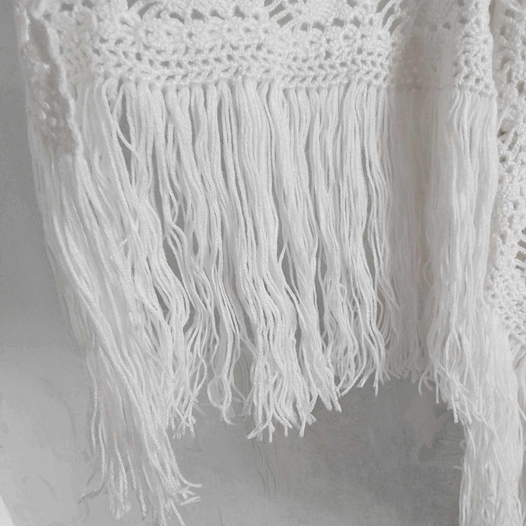 Vintage 1970s Handmade Crochet Shawl — White with long Fringe