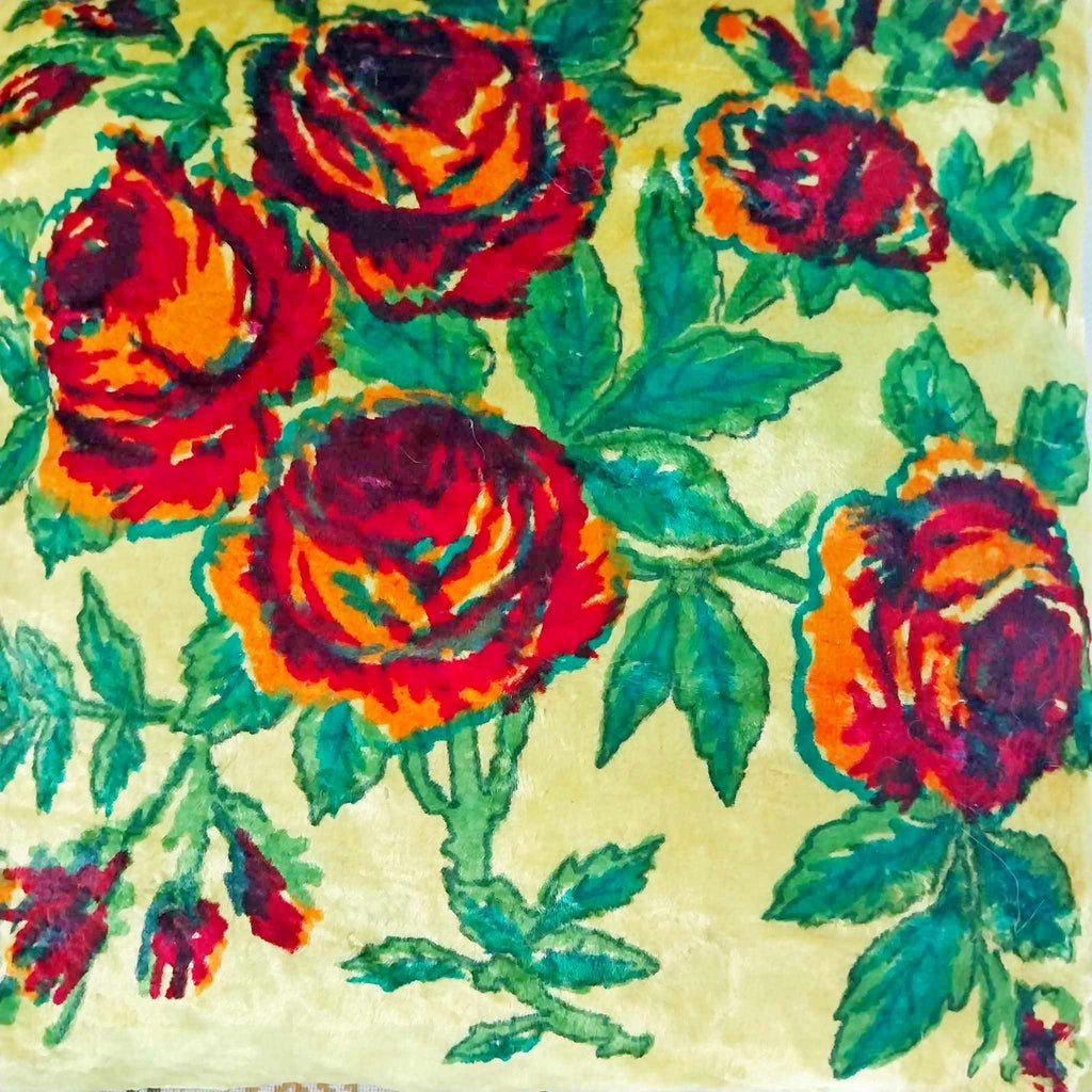 Vintage Russian Velvet Cushion Cover — Hand-Painted Roses on Golden Yellow