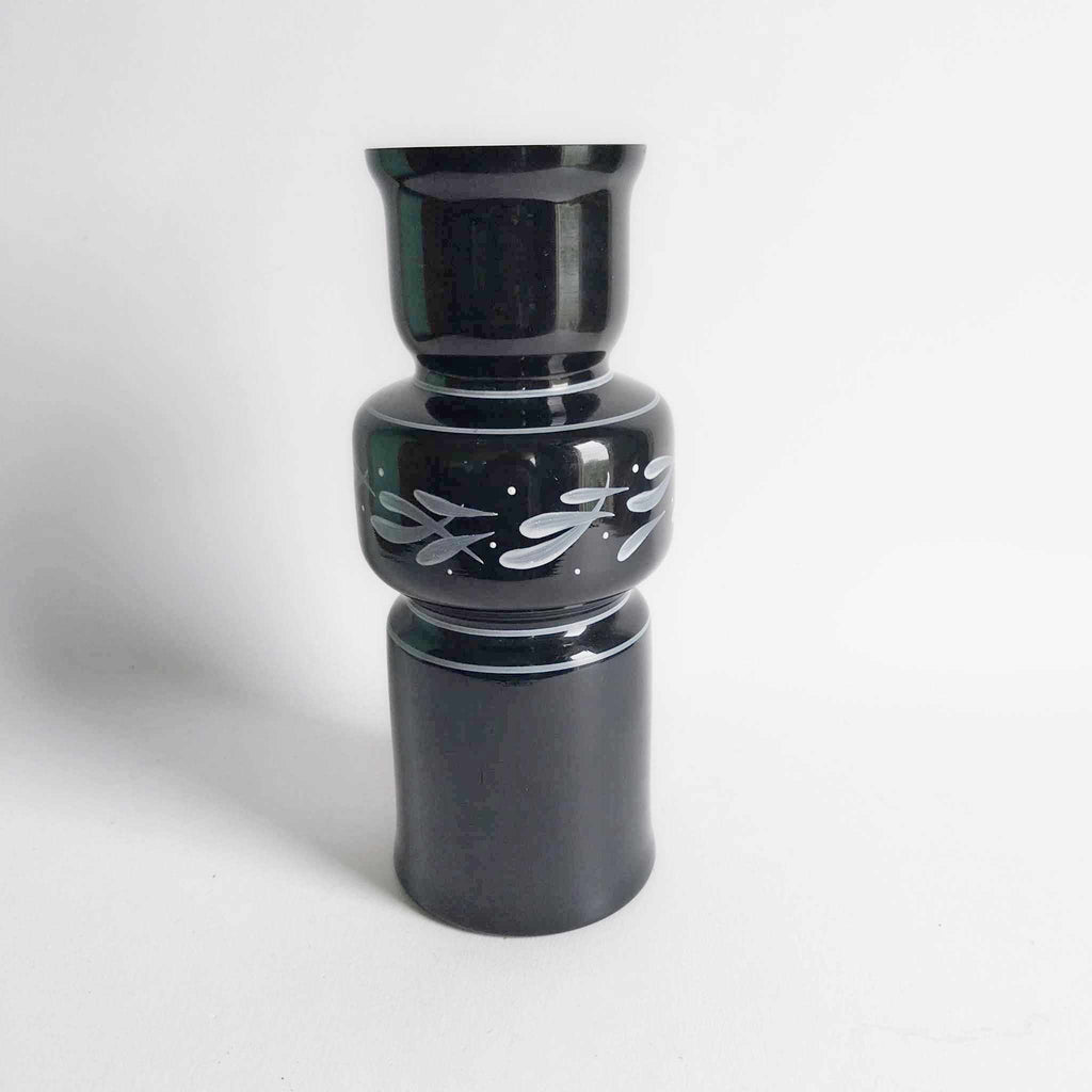 Vintage Bulgarian Black Glass Vase — Hand-Painted Silver Leaves, 1970s