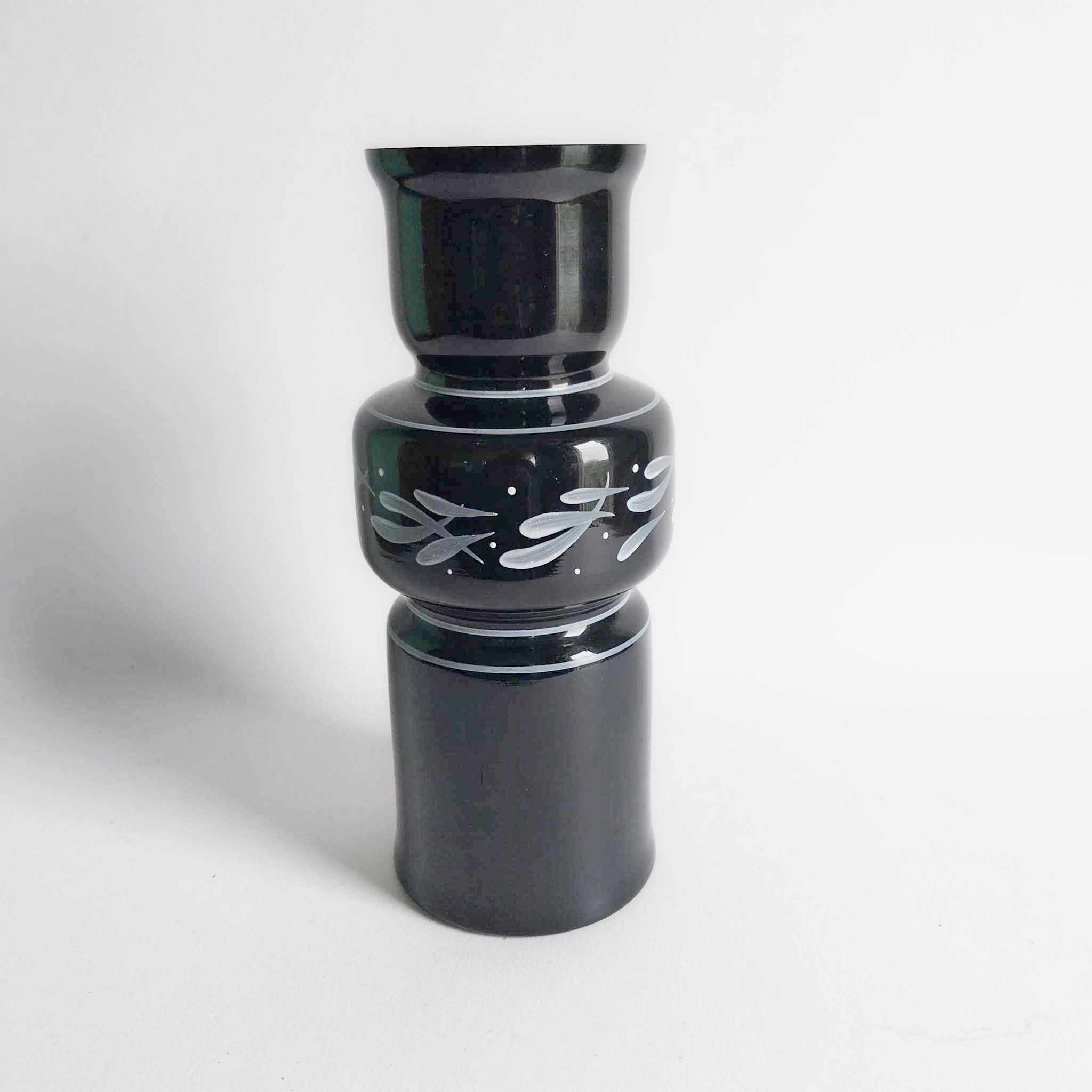 Vintage Bulgarian Black Glass Vase — Hand-Painted Silver Leaves, 1970s